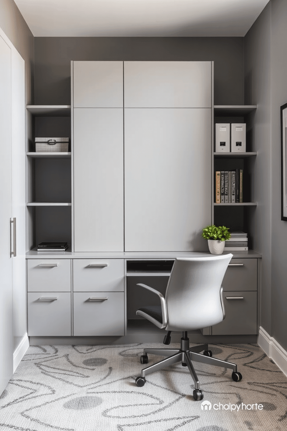 A stylish gray home office features sleek file cabinets that blend functionality with modern aesthetics. The cabinets are arranged in a minimalist layout, providing ample storage while maintaining an open and airy feel. The walls are painted in a soft gray, complemented by a chic desk and ergonomic chair. A touch of greenery is added with a potted plant on the desk, enhancing the overall ambiance of productivity and style.