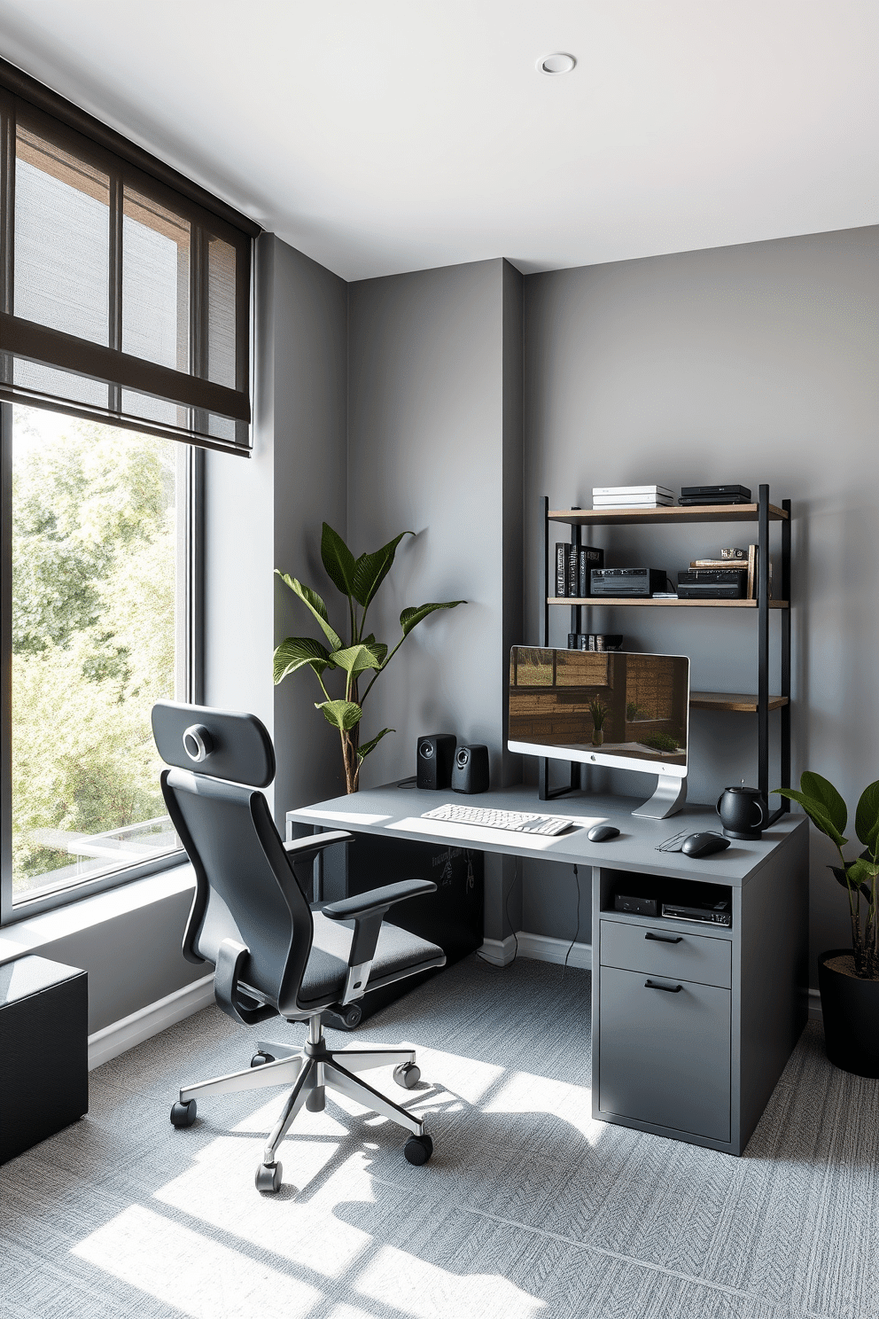 A contemporary gray workspace designed for productivity and tech integration. The room features a sleek gray desk with built-in cable management, complemented by an ergonomic chair and a large monitor mounted on the wall. Natural light floods the space through expansive windows, highlighting the minimalist decor. A stylish bookshelf filled with tech gadgets and books adds character to the room, while a potted plant brings a touch of greenery.