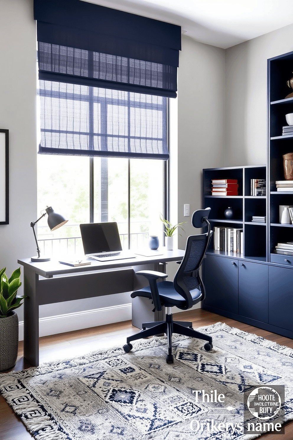 A modern home office featuring a sleek gray desk with a navy blue ergonomic chair. The walls are painted in a soft gray tone, accented by navy blue shelving that holds books and decorative items. Natural light floods the space through a large window adorned with navy blue curtains, creating a calming atmosphere. A plush gray area rug lies beneath the desk, adding warmth and texture to the room.