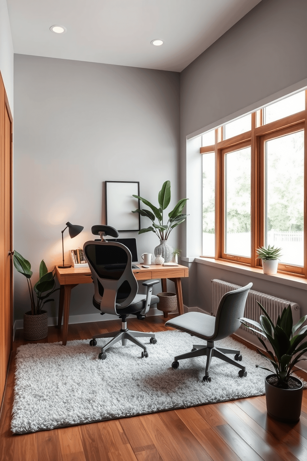 A serene home office space featuring soft gray walls complemented by warm wood accents. A sleek wooden desk sits against the wall, adorned with a stylish desk lamp and a few decorative books. The floor is covered with a plush area rug that adds texture, while a comfortable ergonomic chair invites long hours of productivity. Large windows let in natural light, creating a bright and inviting atmosphere, with potted plants adding a touch of greenery to the decor.