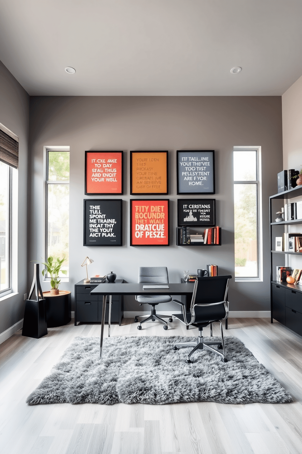 A modern gray office featuring a motivational quote wall that inspires creativity and productivity. The space is accented with sleek furniture, including a minimalist desk and ergonomic chair, complemented by stylish shelves filled with books and decorative items. The walls are painted in a soft gray hue, providing a calming backdrop for the vibrant quotes framed in black. Natural light floods the room through large windows, enhancing the inviting atmosphere and showcasing a plush area rug that adds warmth to the floor.