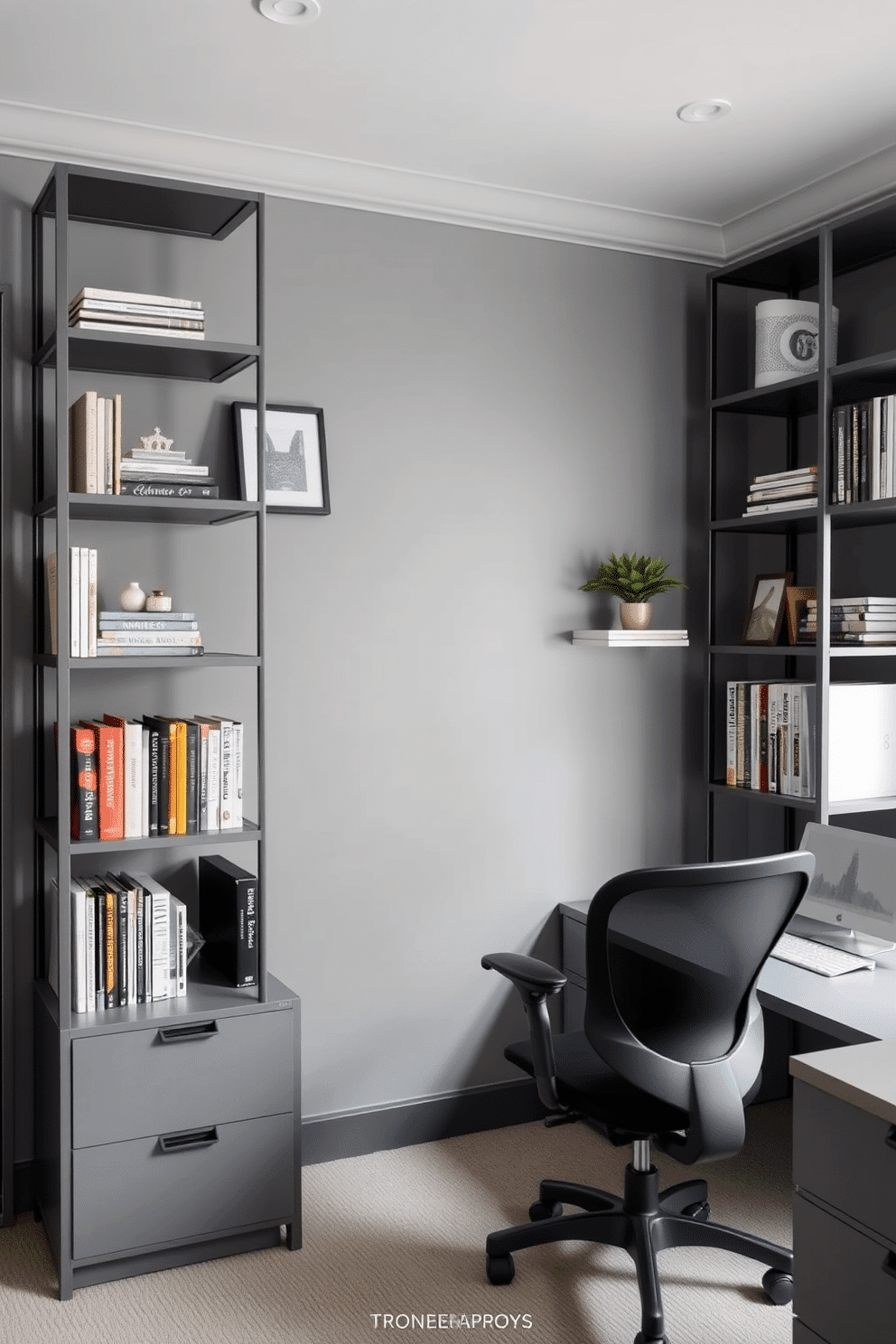 A sleek gray home office features industrial-style gray shelving that elegantly displays books and decorative items. The walls are painted in a soft gray tone, complemented by a minimalist desk and a comfortable ergonomic chair, creating a productive yet stylish workspace.