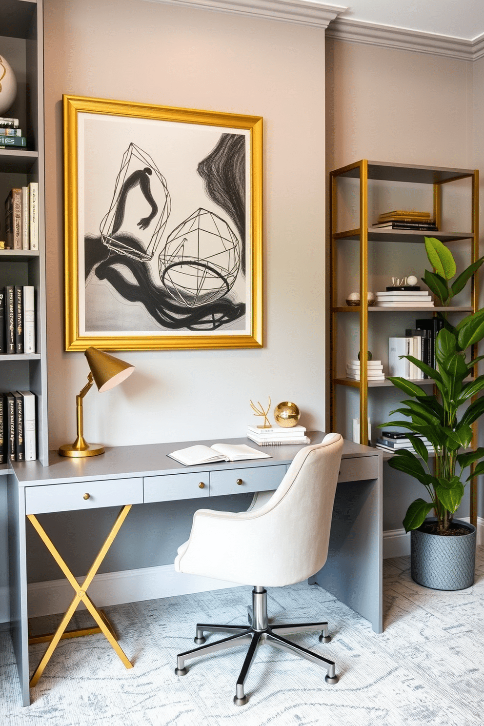 Elegant gray workspace with a touch of gold. The room features a sleek gray desk paired with a plush gold-accented chair, creating a sophisticated focal point. Soft gray walls are complemented by gold-framed artwork, adding a touch of luxury. A stylish bookshelf filled with curated decor and books lines one side, while a lush green plant brings life to the space.