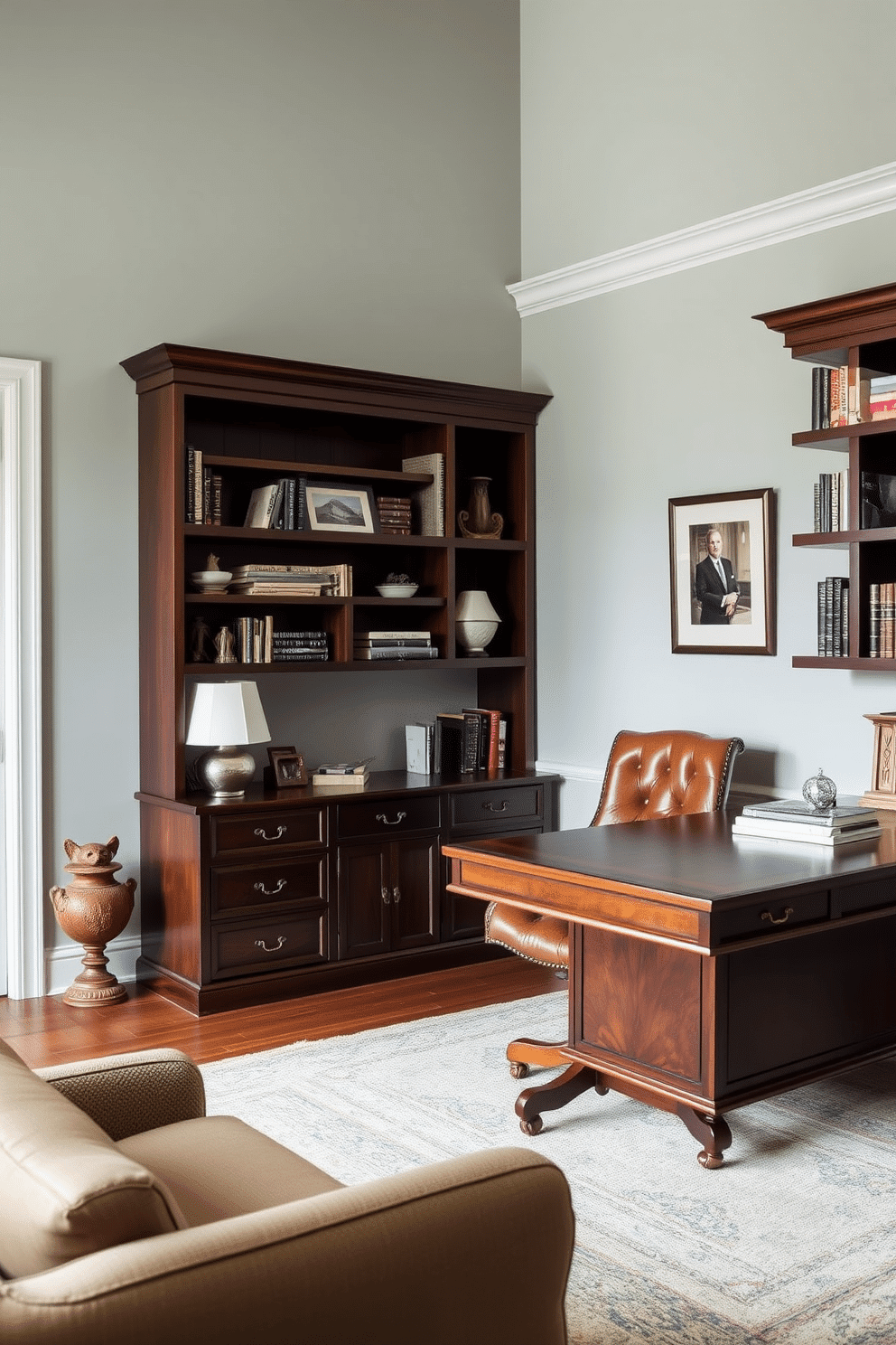 Light gray walls create a calming backdrop in this home office, complemented by rich dark wood furniture that adds warmth and sophistication. A large wooden desk sits against the wall, paired with a comfortable leather chair, while shelves filled with books and decorative items enhance the space's functionality and style.