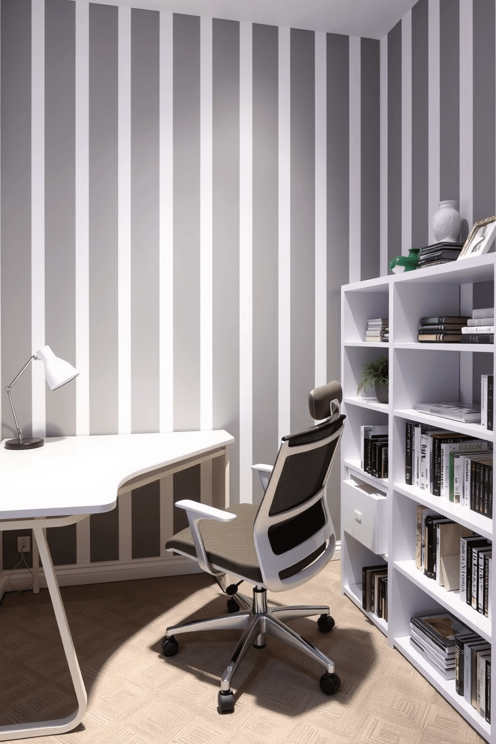 A modern home office featuring a striking gray and white striped wallpaper as the focal point. The space includes a sleek white desk paired with a comfortable ergonomic chair, and a stylish bookshelf filled with books and decorative items.