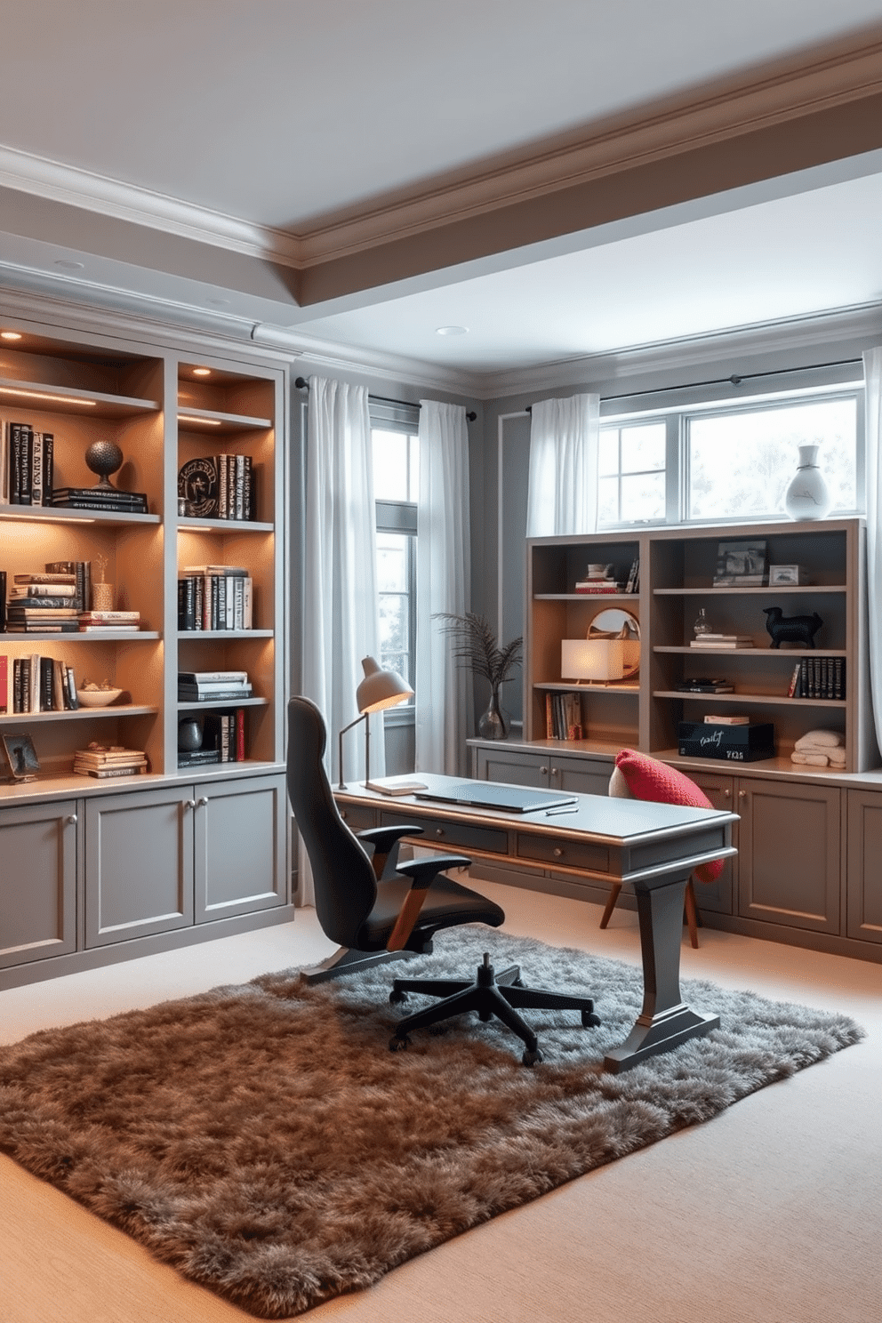 A warm gray home office features soft, ambient lighting that creates a cozy and inviting atmosphere. The walls are painted in a soothing warm gray, complemented by a plush area rug and a stylish desk with elegant finishes. A comfortable ergonomic chair sits at the desk, surrounded by built-in shelves filled with books and decorative items. Large windows allow natural light to filter in, while sheer curtains add a touch of softness to the space.