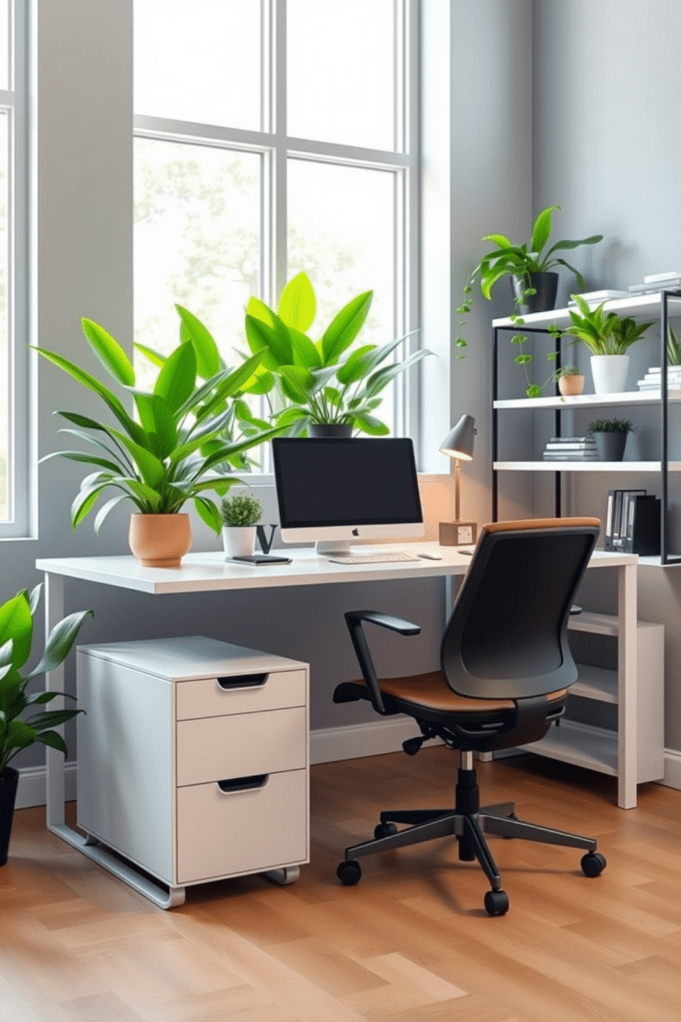 A modern gray home office features a sleek desk with a minimalist design, complemented by an ergonomic chair. Vibrant green plants are strategically placed on the desk and shelves, adding a refreshing touch to the sophisticated ambiance. The walls are painted in a soft gray hue, creating a calming backdrop for productivity. Large windows allow natural light to flood the space, enhancing the lively colors of the plants and creating an inviting atmosphere.