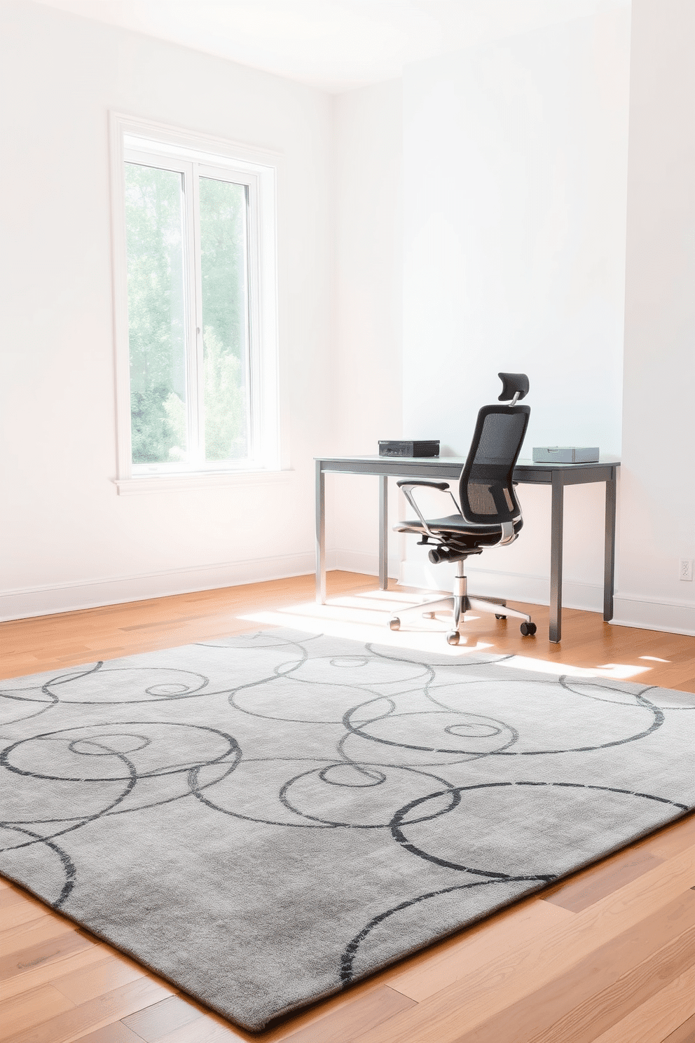 A contemporary gray rug with abstract patterns lies elegantly on a polished hardwood floor, adding a touch of modern sophistication to the space. The walls are painted in a soft white, providing a bright backdrop that enhances the rug's intricate designs. In the corner of the room, a sleek gray desk with clean lines is paired with a stylish ergonomic chair, creating a functional yet inviting workspace. A large window allows natural light to flood in, illuminating the room and creating an inspiring atmosphere for productivity.