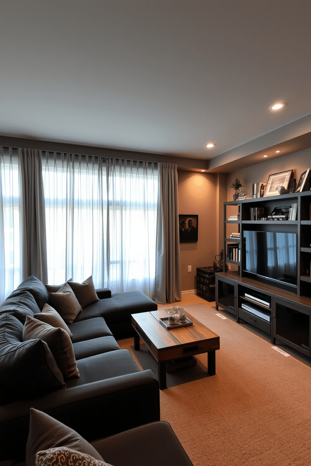 A cozy man cave featuring soft gray curtains that gently filter natural light, creating an inviting atmosphere. The room is adorned with plush seating, a large sectional sofa in a deep charcoal hue, and a stylish coffee table made of reclaimed wood. The walls are painted in a warm taupe, complementing the gray tones, while shelves filled with books and memorabilia add personal touches. A sleek entertainment center houses a large flat-screen TV, surrounded by ambient lighting for a perfect movie night vibe.