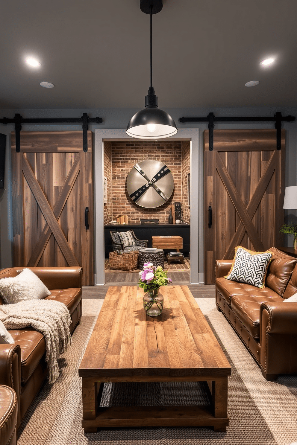 A rustic gray man cave featuring large barn doors that add character and charm to the space. The room is furnished with a plush leather sectional, a reclaimed wood coffee table, and industrial-style lighting fixtures for a cozy yet stylish atmosphere.