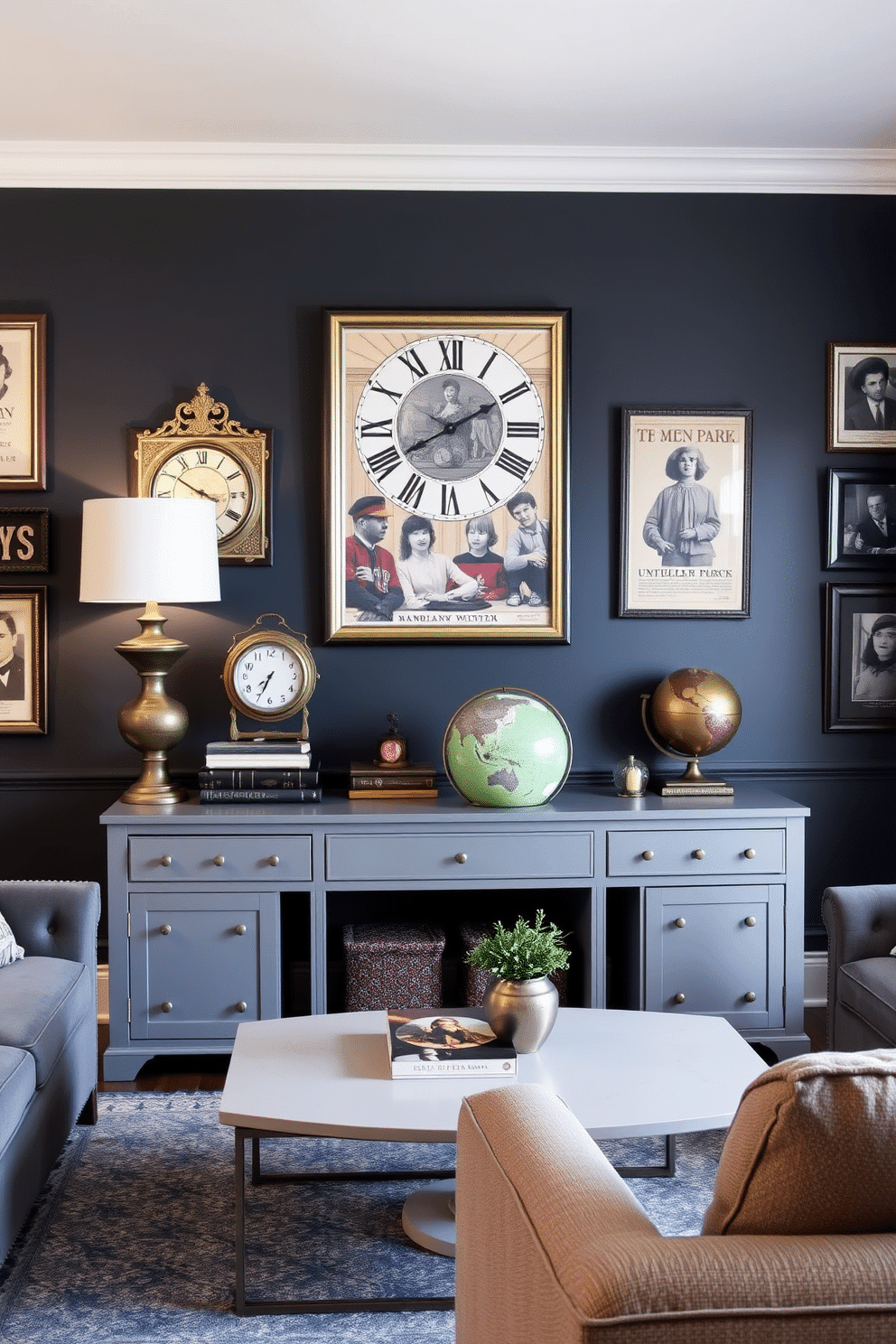 A stylish gray console table is adorned with vintage decor, including an ornate clock, a collection of antique books, and a decorative globe. The wall behind is painted in a deep navy, enhancing the table's elegant presence and creating a cozy atmosphere. The man cave features a sophisticated gray color palette, with plush seating arranged around a sleek coffee table. Vintage posters and framed memorabilia adorn the walls, while ambient lighting creates a warm and inviting space for relaxation and entertainment.