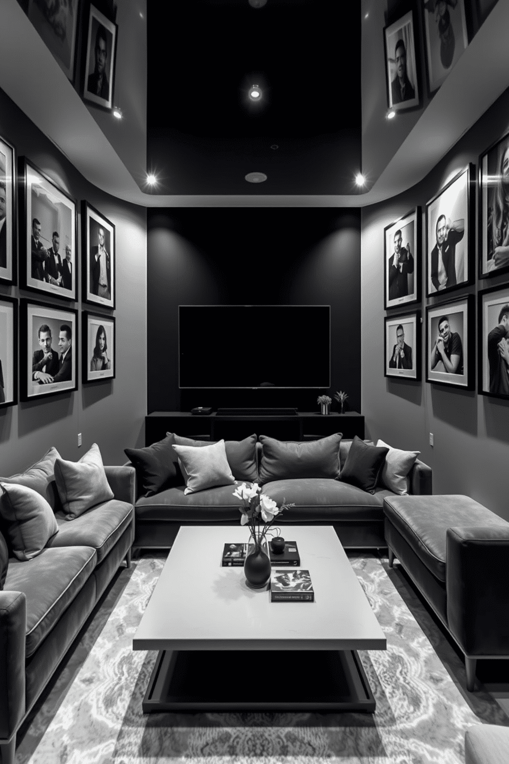 A stylish man cave featuring framed black and white photography adorning the walls, creating a striking contrast against the gray backdrop. The space includes a plush gray sectional sofa, complemented by a sleek coffee table and ambient lighting for a cozy atmosphere.