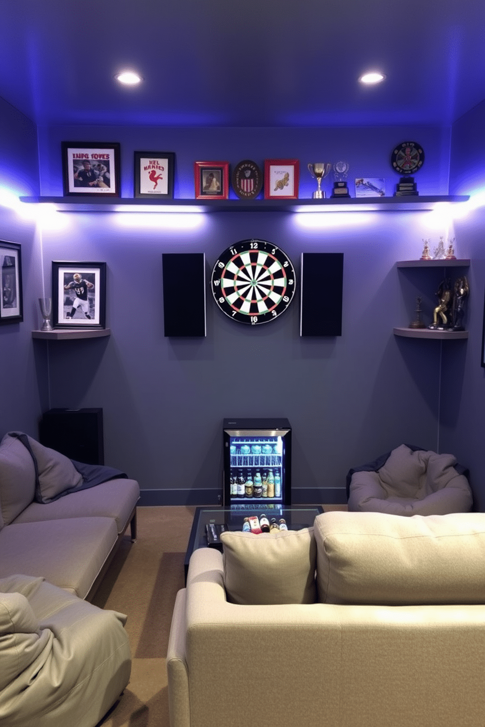 A sleek gray-themed game wall features a mounted dartboard at its center, surrounded by framed sports memorabilia and shelves displaying trophies. The wall is accented with ambient LED lighting, creating a vibrant atmosphere perfect for game nights. The man cave is designed with plush gray seating, including a sectional sofa and bean bags, providing ample comfort for guests. A stylish coffee table sits in front, complemented by a mini-fridge stocked with beverages for a complete entertainment experience.