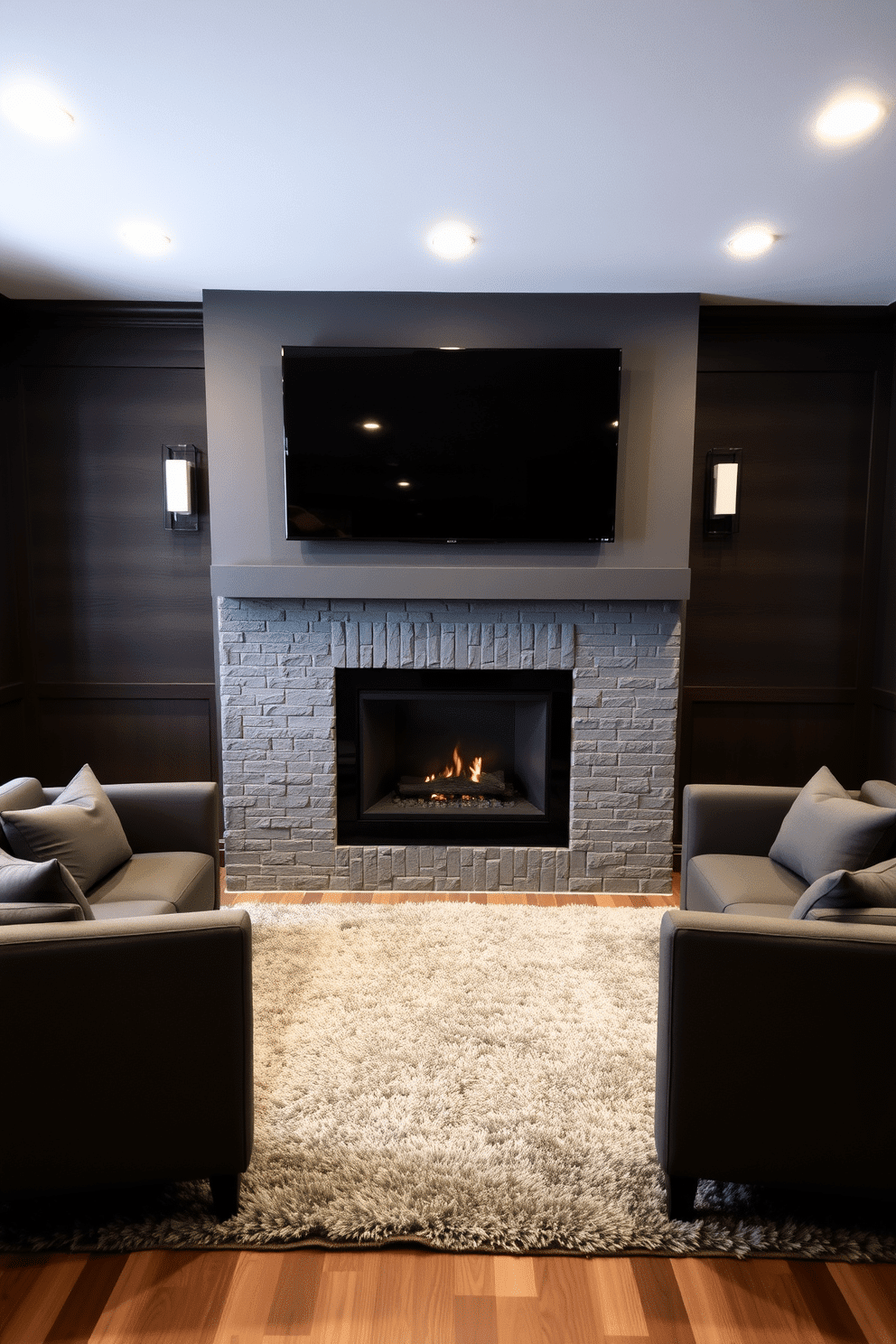 A modern gray fireplace with a sleek stone surround serves as the focal point of the man cave, creating a cozy yet stylish atmosphere. Plush gray seating is arranged around the fireplace, complemented by a large area rug that adds warmth and texture to the space. The walls are adorned with dark wood paneling, enhancing the sophisticated ambiance, while ambient lighting fixtures provide a soft glow. A wall-mounted flat-screen TV is strategically placed above the fireplace, ensuring an ideal viewing experience for movie nights.