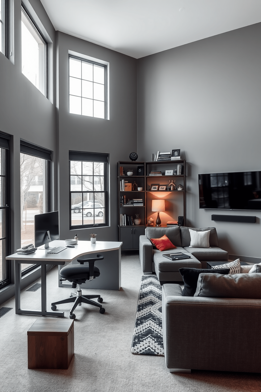 A minimalist gray workspace featuring a sleek, modern desk with clean lines and a comfortable ergonomic chair. The walls are painted in a soft gray tone, and large windows allow natural light to flood the space, enhancing the serene atmosphere. A stylish gray man cave designed for relaxation and entertainment, equipped with a plush sectional sofa and a large flat-screen TV. The decor includes industrial-style shelves filled with books and memorabilia, while ambient lighting creates a cozy and inviting environment.