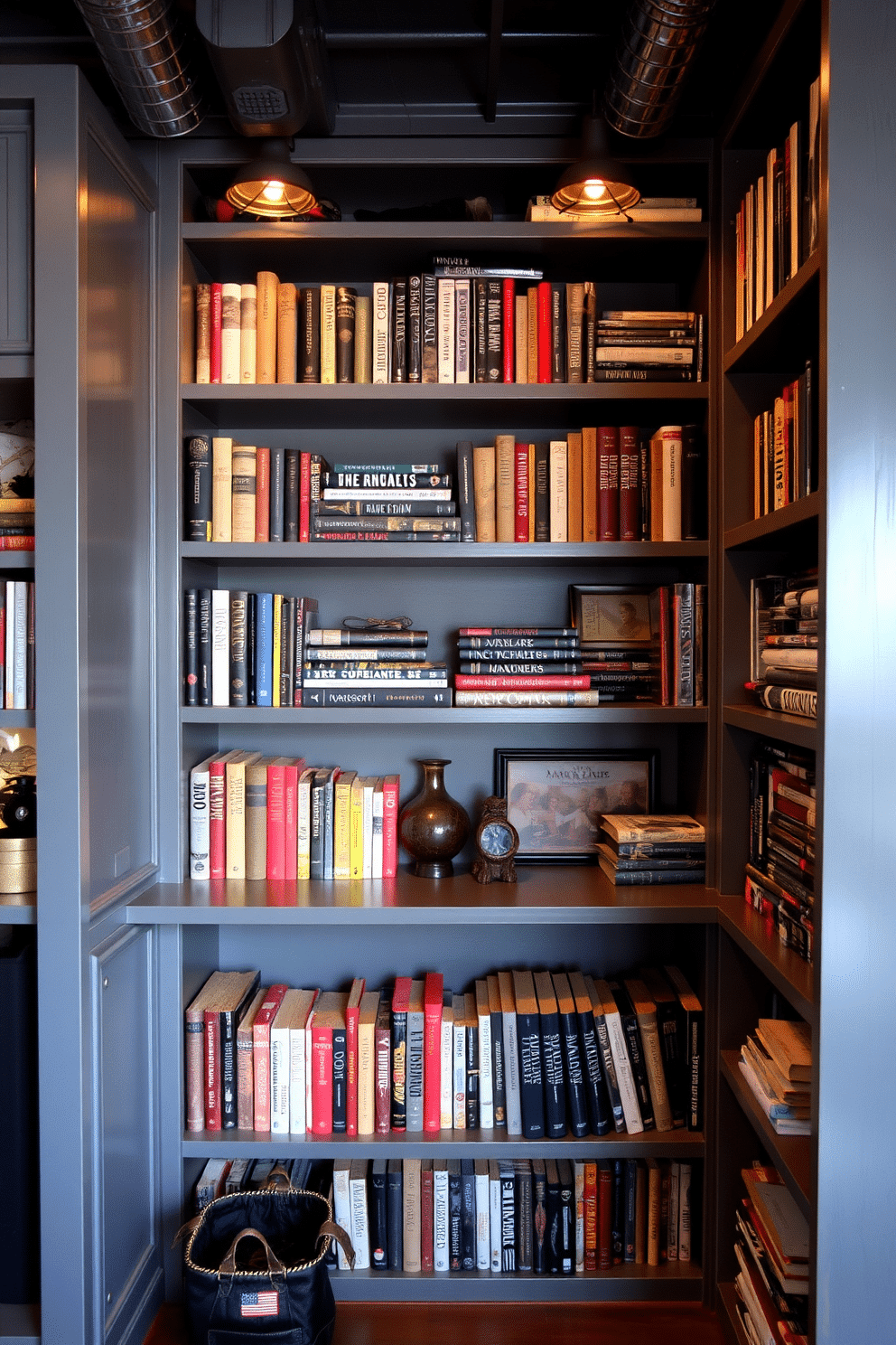 A stylish man cave featuring industrial gray shelving that showcases an array of books and collectibles. Warm lighting fixtures are strategically placed to create a cozy atmosphere, enhancing the rugged charm of the space.