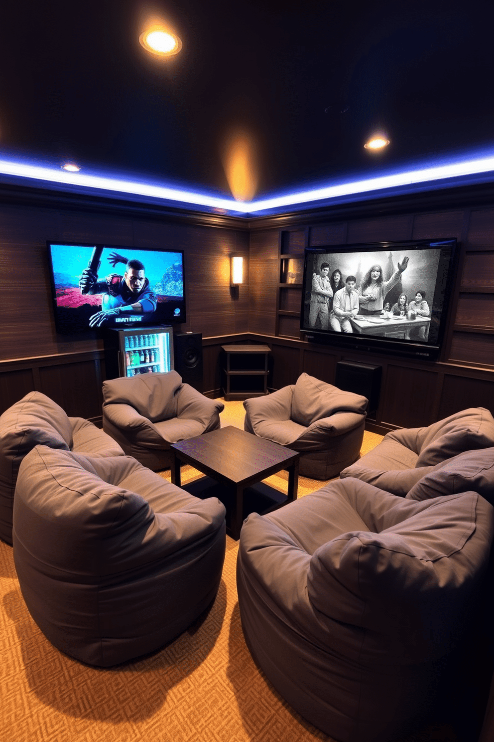 A cozy man cave featuring gray bean bags arranged around a low coffee table. The walls are adorned with dark wood paneling, and ambient lighting casts a warm glow over the space, creating an inviting atmosphere for relaxation and entertainment. In one corner, a large flat-screen TV is mounted, complemented by a sleek sound system. A mini-fridge stocked with beverages sits nearby, ensuring easy access to refreshments while enjoying movie nights or gaming sessions.