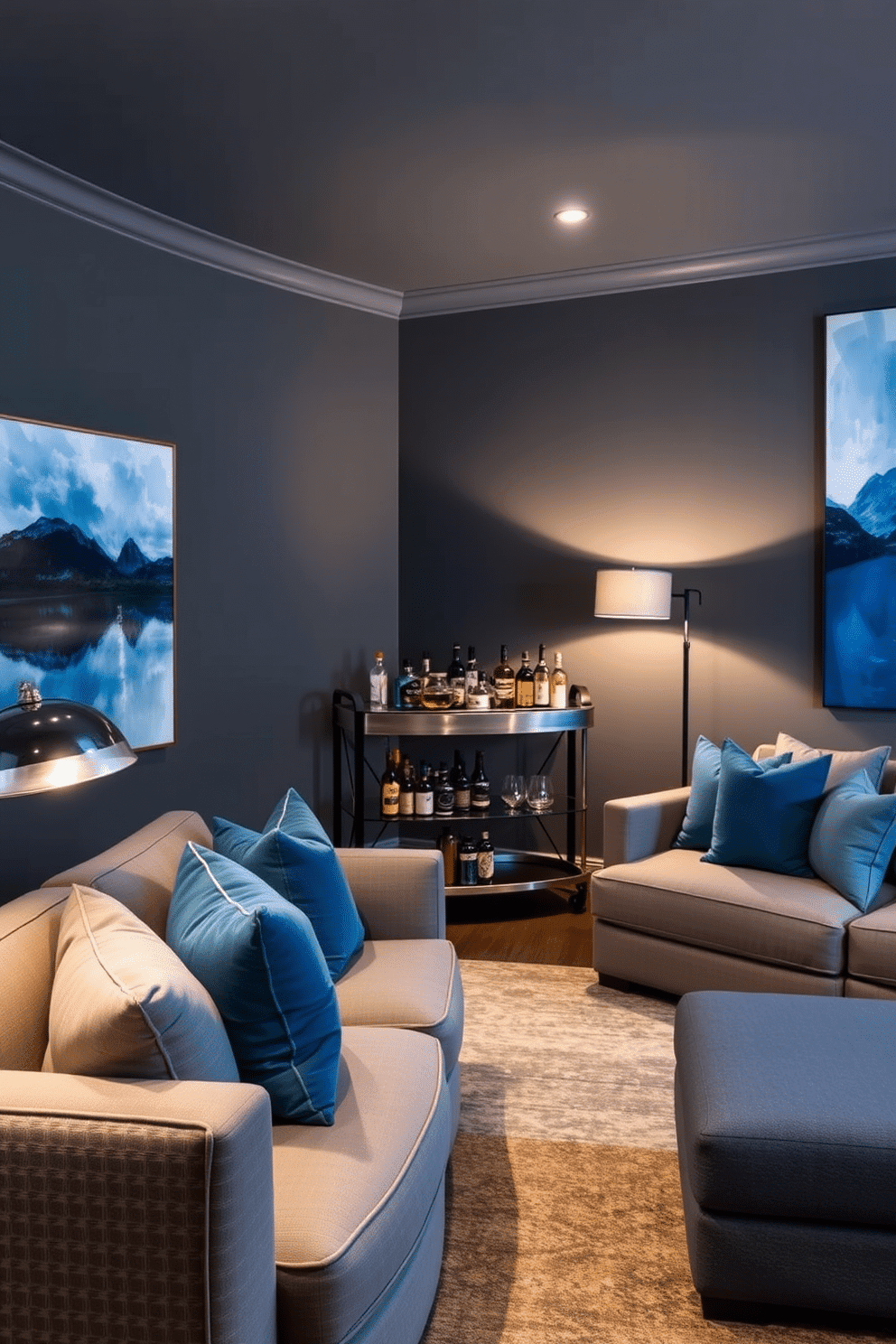 A serene man cave designed with a gray and blue color scheme, featuring a plush sectional sofa adorned with soft blue throw pillows. The walls are painted a deep gray, complemented by a large abstract painting that incorporates various shades of blue, creating a calming focal point. In one corner, a sleek, modern bar cart holds an array of premium spirits and glassware, while a stylish area rug anchors the seating area. Ambient lighting from stylish floor lamps casts a warm glow, enhancing the relaxing atmosphere of this sophisticated retreat.