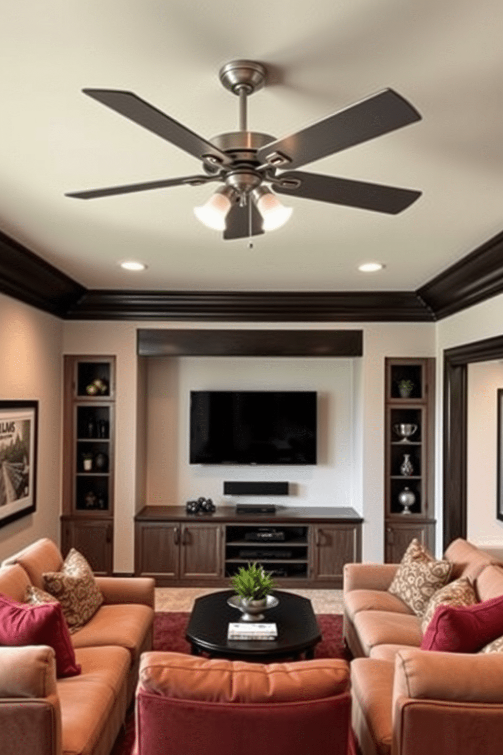 A stylish man cave featuring a gray ceiling fan for added comfort, providing a cool breeze in a cozy atmosphere. The room is adorned with plush seating, a sleek entertainment center, and dark wood accents that create a warm, inviting space for relaxation and entertainment.