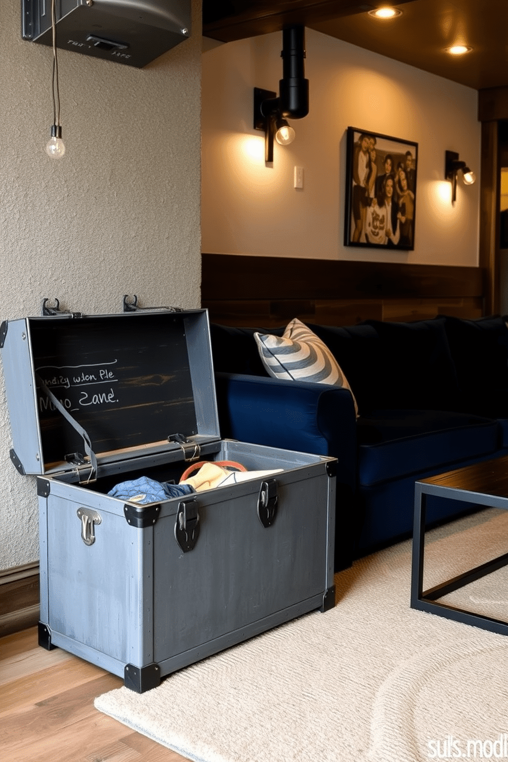 A vintage gray trunk serves as a stylish storage solution, adding character to the space while keeping clutter at bay. The trunk is placed against a textured wall, surrounded by warm lighting that enhances its rustic charm. The man cave features a blend of contemporary and vintage elements, with a plush sectional sofa in deep navy blue and an industrial-style coffee table. Dark wood accents and metal fixtures create a cozy yet sophisticated atmosphere, perfect for relaxation and entertainment.