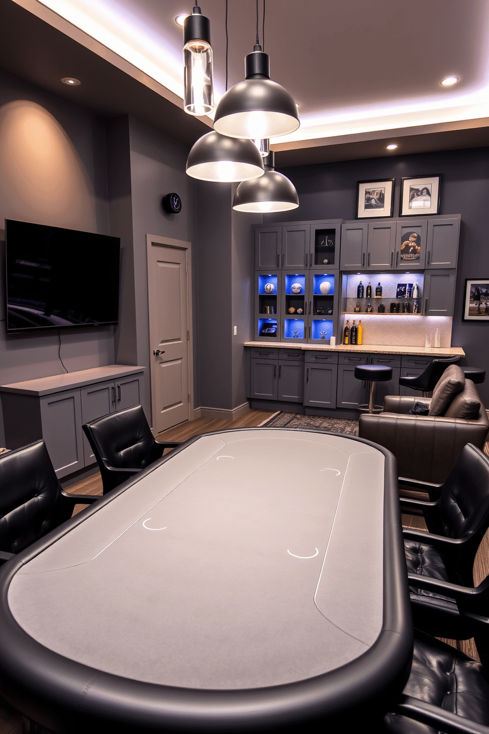 A stylish poker table setup featuring a sleek gray felt table surrounded by modern black leather chairs. The room is dimly lit with pendant lights casting a warm glow, creating an inviting atmosphere for game nights. A contemporary man cave designed in various shades of gray, featuring a plush sectional sofa and a large flat-screen TV mounted on the wall. The space includes a mini bar with gray cabinetry and stylish bar stools, complemented by framed sports memorabilia and ambient LED lighting.