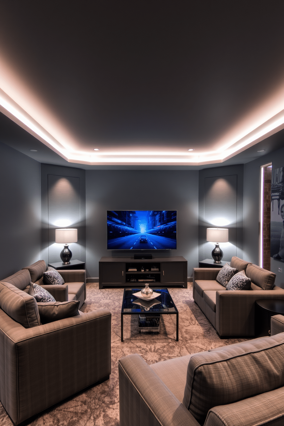 A stylish gray man cave features sleek gray lighting fixtures that create a warm and inviting ambiance. The room is adorned with plush seating, a large flat-screen TV, and a modern coffee table, all complemented by subtle accents of darker gray and metallic tones.