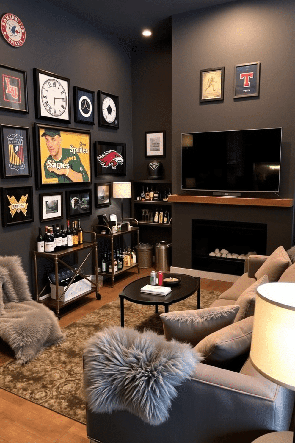 A cozy man cave featuring deep gray walls adorned with framed sports memorabilia. A plush sectional sofa is complemented by gray faux fur throw blankets, creating a warm and inviting atmosphere. In the corner, a sleek bar cart displays an assortment of spirits and glassware, while a large flat-screen TV is mounted above a modern fireplace. Ambient lighting from stylish floor lamps enhances the relaxed vibe, making it the perfect retreat for entertainment and relaxation.