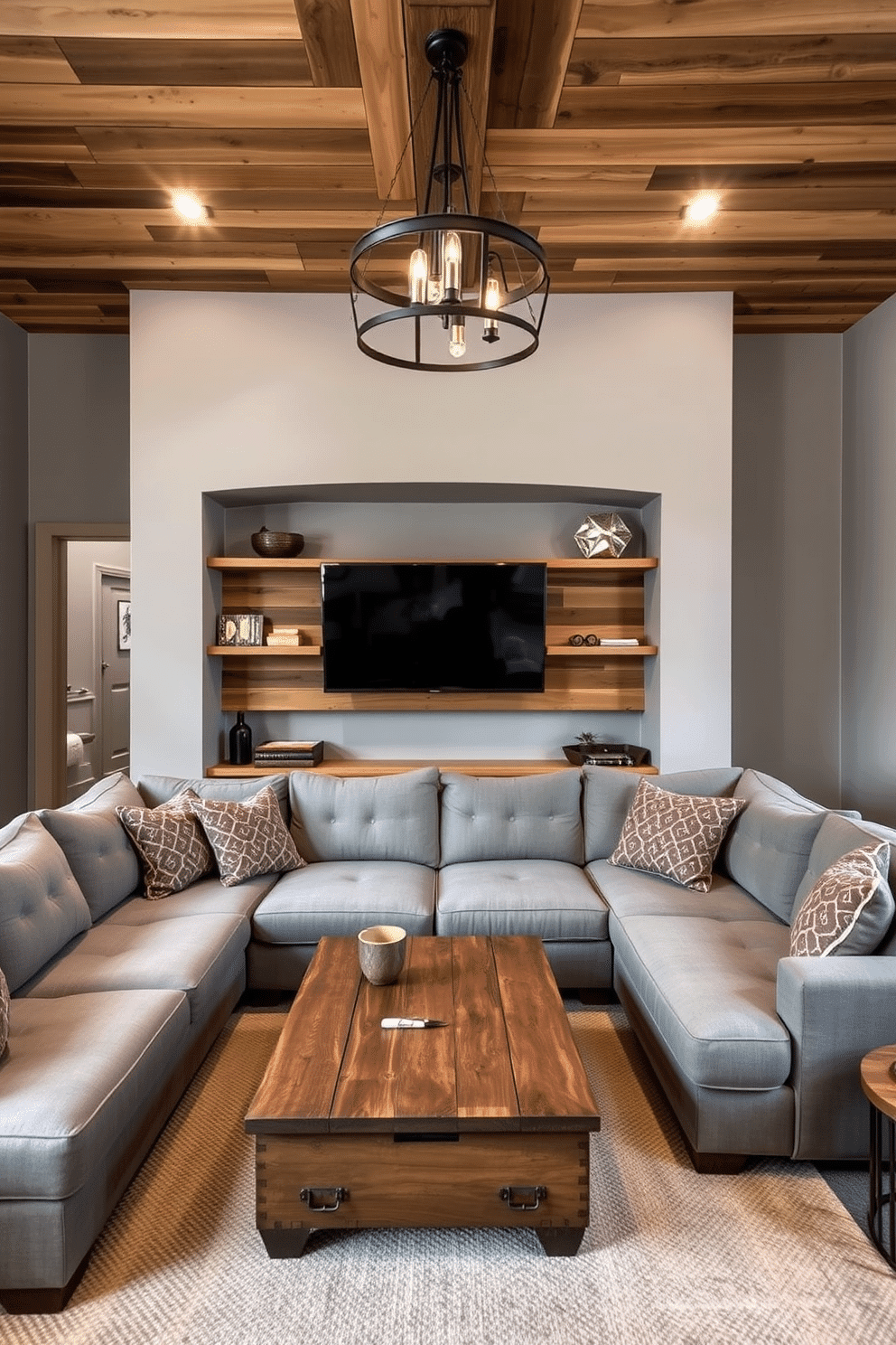 A cozy man cave featuring a harmonious blend of gray tones and natural wood elements. The walls are painted in a soft gray, complemented by reclaimed wood accents on the ceiling and shelves. A plush gray sectional sofa invites relaxation, paired with a rustic wooden coffee table at the center. Ambient lighting fixtures made of wrought iron enhance the warm and inviting atmosphere of the space.