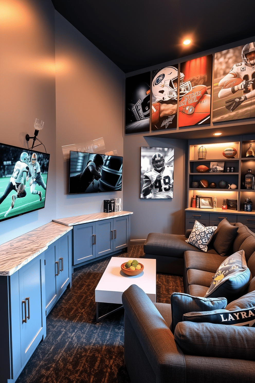 A stylish man cave adorned with gray wall art that showcases dynamic sports themes. The space features a plush sectional sofa in deep charcoal, paired with a sleek coffee table and a large flat-screen TV mounted on the wall. In one corner, a mini bar with gray cabinetry complements the overall color scheme, while sports memorabilia is artfully displayed on shelves. Ambient lighting highlights the artwork, creating an inviting atmosphere for relaxation and entertainment.