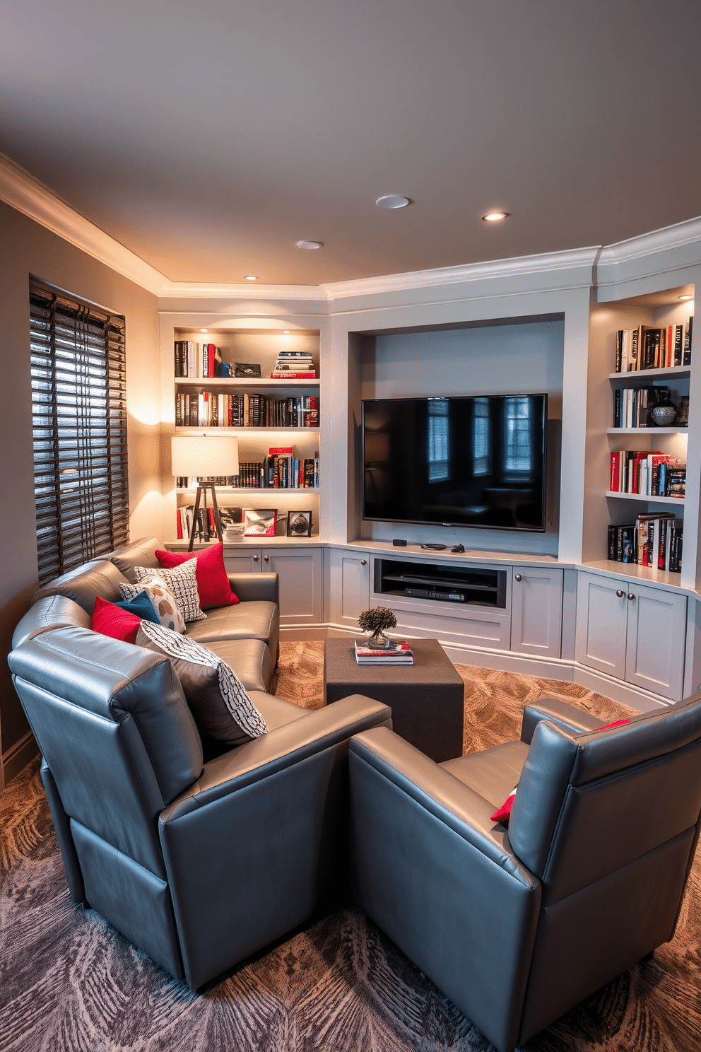 Cozy gray nook with built-in bookshelves. The space features a plush gray sectional sofa adorned with colorful throw pillows, creating an inviting atmosphere for reading and relaxation. Warm ambient lighting from a stylish floor lamp casts a soft glow over the room, enhancing the cozy feel. The built-in bookshelves are filled with an eclectic mix of books and decorative items, adding personality and charm to the nook. Gray Man Cave Design Ideas. The room showcases a sleek gray leather recliner paired with a modern coffee table, perfect for entertaining or unwinding after a long day. A large flat-screen TV is mounted on the wall opposite the seating area, flanked by soundproofing panels that enhance the cinematic experience.