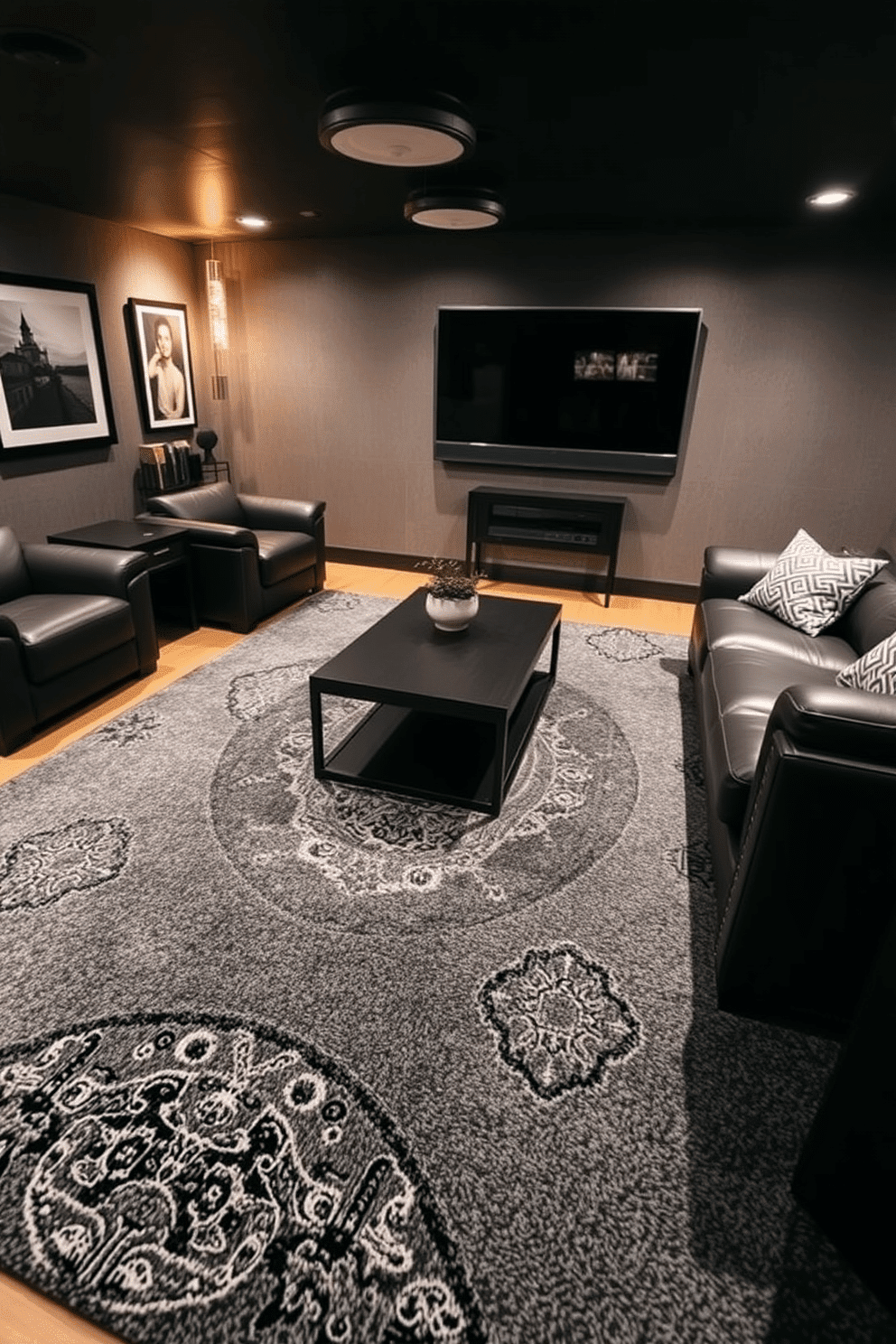 A stylish man cave featuring a plush gray area rug adorned with intricate geometric patterns that add depth and interest to the space. The room is designed with dark leather furniture, a sleek coffee table, and ambient lighting that creates a cozy atmosphere for relaxation and entertainment.