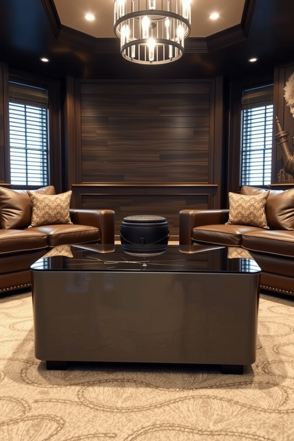 A stylish man cave featuring a metallic gray coffee table with a sleek glass top, positioned in the center of a cozy seating area. The walls are adorned with dark wood paneling, and plush leather sofas create an inviting atmosphere, complemented by ambient lighting that casts a warm glow.