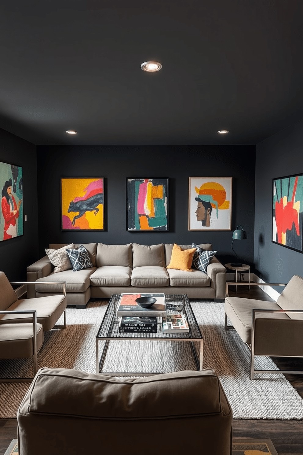 A cozy man cave featuring dark gray walls that create a moody atmosphere. Bright, abstract artwork adorns the walls, adding vibrant pops of color to the space. The room includes a plush sectional sofa in a complementary shade, surrounded by sleek metal furniture. A stylish coffee table sits at the center, adorned with a few art books and a decorative bowl.