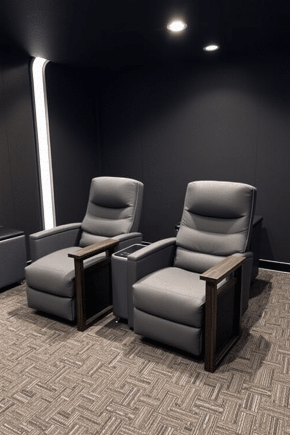 A stylish man cave featuring gray recliners positioned for optimal comfort, complemented by sleek wooden side tables on either side. The walls are adorned with dark, rich colors, creating a cozy atmosphere, while ambient lighting enhances the overall aesthetic.