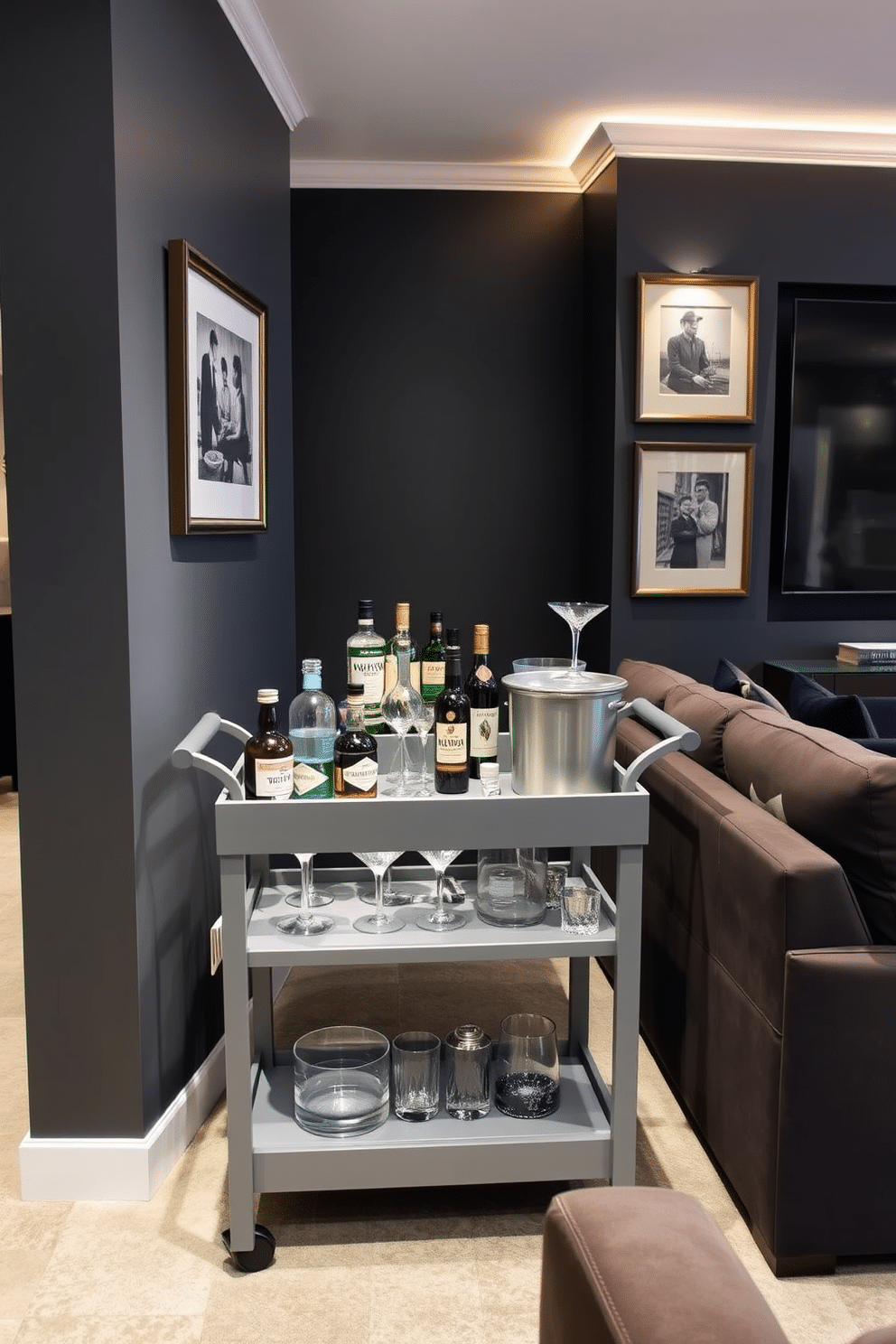 A sleek gray bar cart stands elegantly in the corner of a modern man cave, showcasing an array of premium spirits and crystal glassware. The cart features clean lines and a minimalist design, complemented by a stylish ice bucket and a few carefully arranged cocktail accessories. The man cave is designed with deep gray walls and plush seating, creating a cozy yet sophisticated atmosphere. Ambient lighting highlights the bar cart, while framed artwork and a large screen for entertainment add a personal touch to the space.