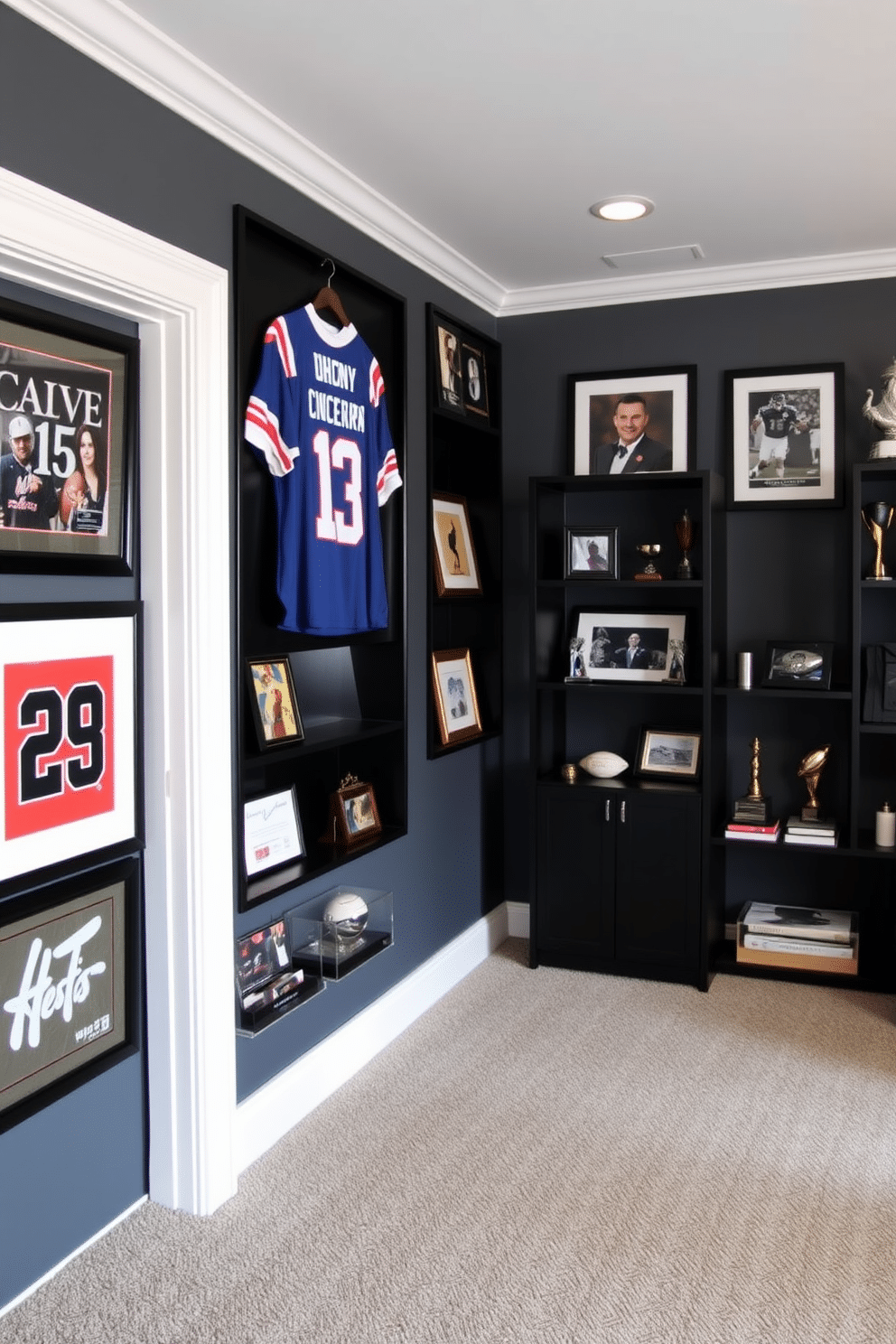 A stylish man cave featuring a dedicated display for sports memorabilia. The walls are painted a deep gray, providing a sleek backdrop for framed jerseys and signed photographs, while black shelving units showcase collectibles and trophies.