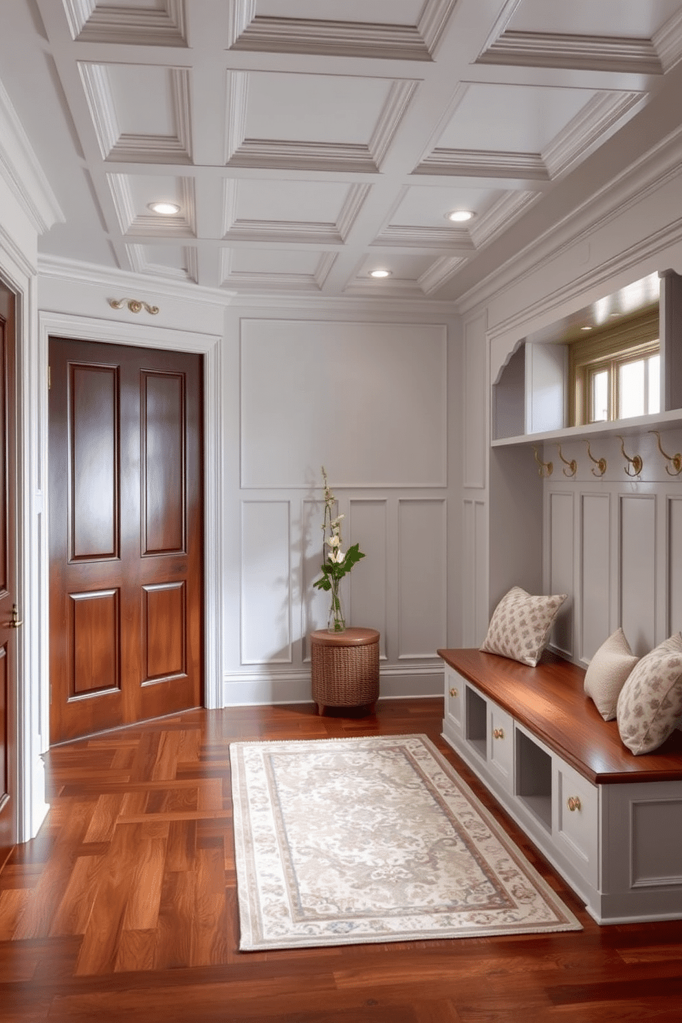 Elegant gray wainscoting creates a timeless and sophisticated atmosphere, enhancing the overall elegance of the space. The wainscoting is complemented by rich hardwood flooring and a coffered ceiling, adding depth and character. For the gray mudroom design, envision a functional layout with built-in benches and storage cubbies, all in a soft gray palette. Accents of natural wood and brass hardware provide warmth and style, while a patterned area rug adds a touch of coziness.