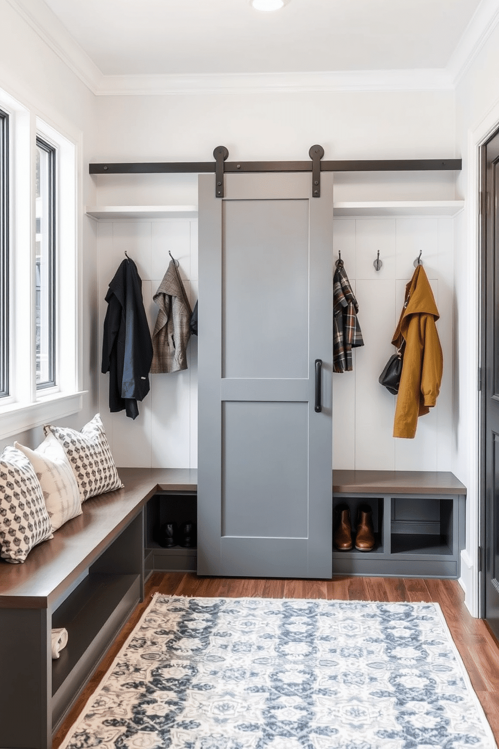 A modern mudroom featuring a gray sliding barn door that elegantly saves space while adding a rustic charm. The room includes built-in benches with plush cushions, a wall of hooks for coats, and a stylish area rug that ties the design together.