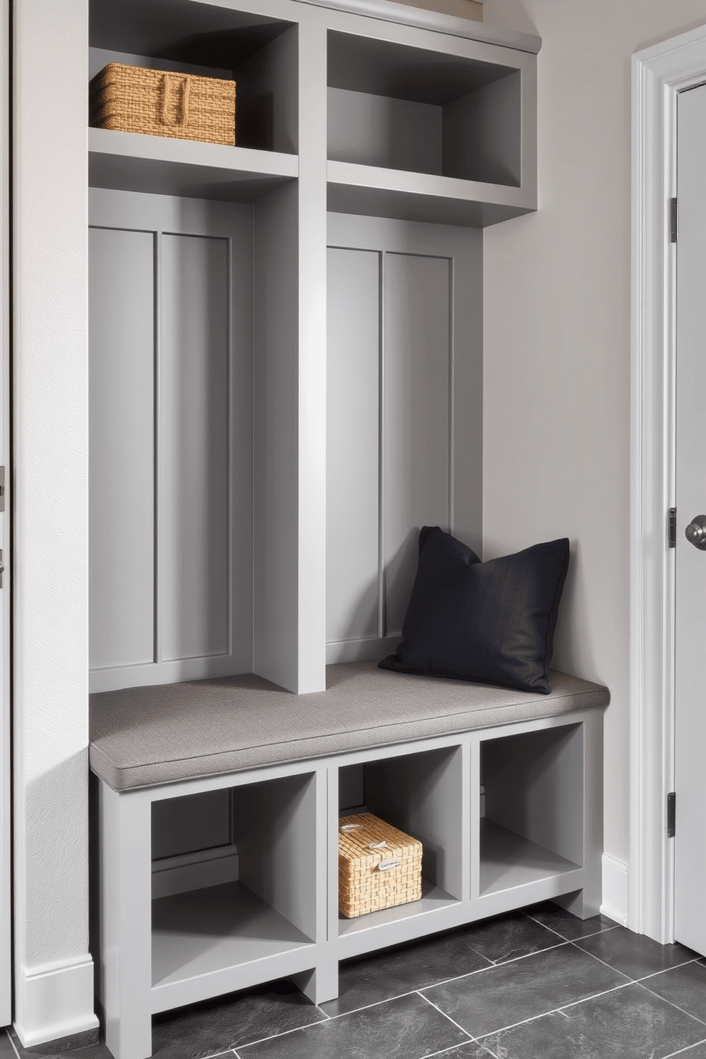 A sleek gray bench with a plush cushion top is positioned against the wall in a stylish mudroom. The space features built-in cubbies above the bench for storage, complemented by a textured gray accent wall and a durable tile floor that enhances the modern aesthetic.