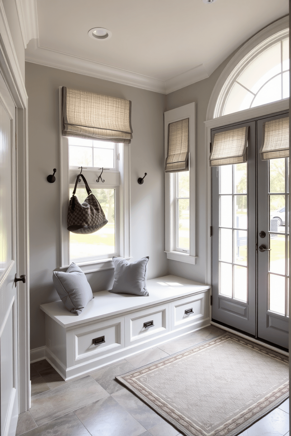 A polished gray mudroom features elegant window treatments that complement the space. The walls are painted a soft gray, and the flooring is a durable tile that mimics natural stone. A built-in bench with storage cubbies sits against one wall, adorned with plush gray cushions. Hooks for coats and bags are mounted above the bench, and a stylish area rug adds warmth to the entryway.