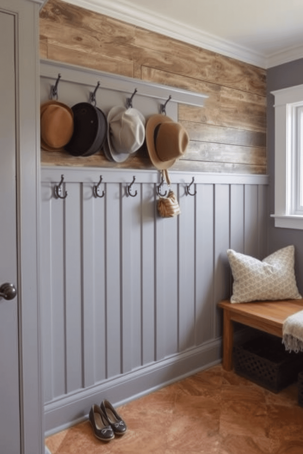 A charming mudroom features a series of gray hooks mounted on a rustic wooden wall, providing a stylish and functional space for hats and bags. The floor is adorned with a warm-toned tile that complements the gray tones, while a cozy bench invites guests to sit and remove their shoes.