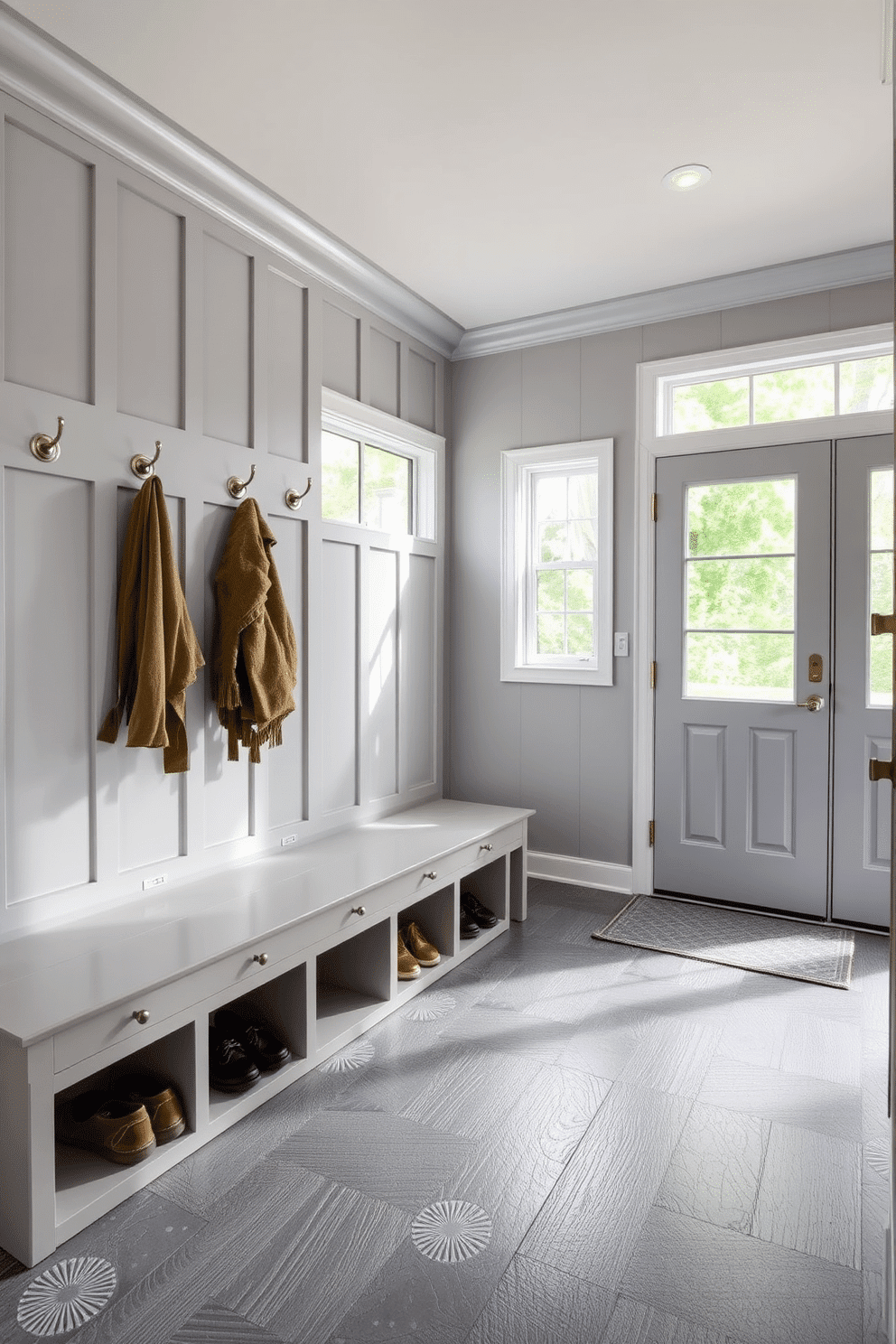 A stylish gray mudroom features built-in coat hooks made from brushed nickel, providing a modern touch. The walls are painted in a soft gray hue, complemented by a durable, textured floor in a darker shade of gray for contrast. A spacious bench with storage underneath invites guests to sit and remove their shoes. Natural light floods the space through a large window, enhancing the welcoming atmosphere of this functional entryway.