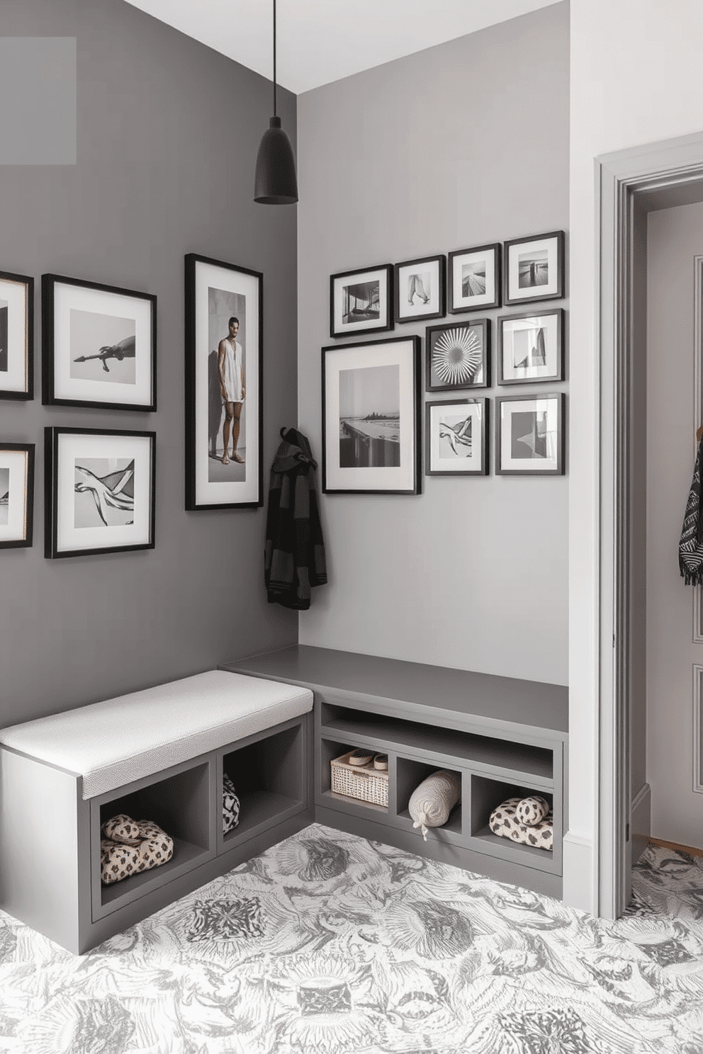 Bright gray accent wall with art display. The wall features a curated selection of contemporary artwork in various sizes, framed in sleek black frames. Gray mudroom design ideas include built-in benches with storage underneath and hooks for hanging coats. The floor is adorned with textured tiles that complement the gray tones, creating a functional and stylish entryway.