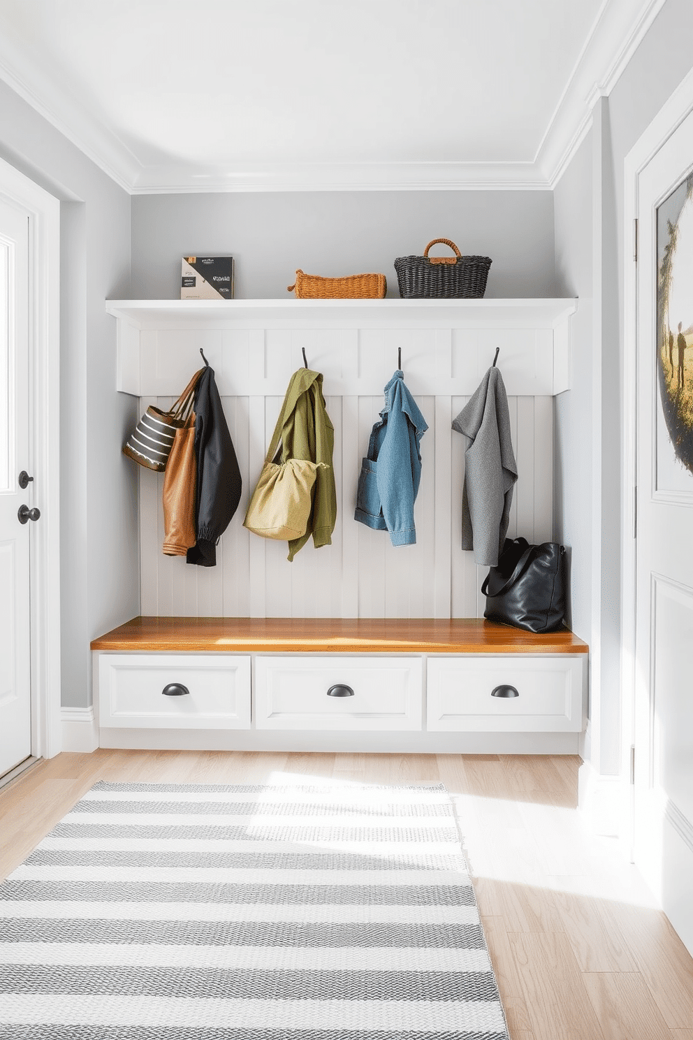 A stylish mudroom featuring a gray and white striped rug that adds warmth and texture to the space. The walls are painted in a soft gray hue, complemented by built-in wooden benches and hooks for coats and bags, creating an inviting and functional area.