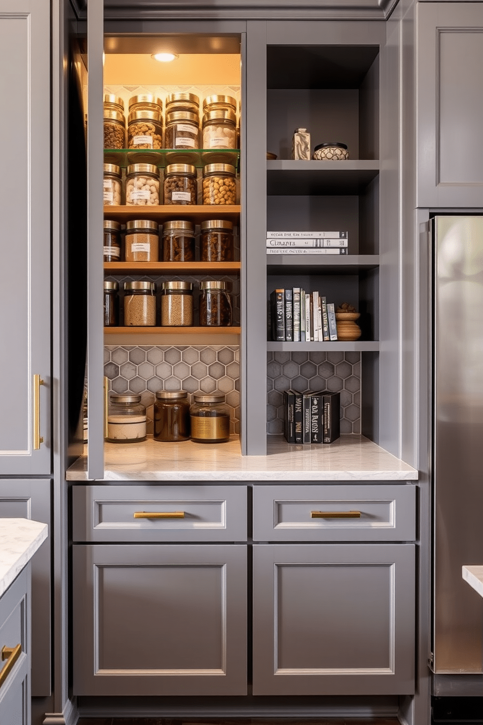 Sleek gray cabinets with brass hardware create a modern and elegant kitchen atmosphere. The pantry features open shelving that showcases neatly organized jars and cookbooks, enhancing both functionality and aesthetics. Incorporate a contrasting backsplash with geometric tiles to add visual interest to the gray cabinetry. Soft lighting under the shelves highlights the brass accents and creates a warm ambiance in the space.