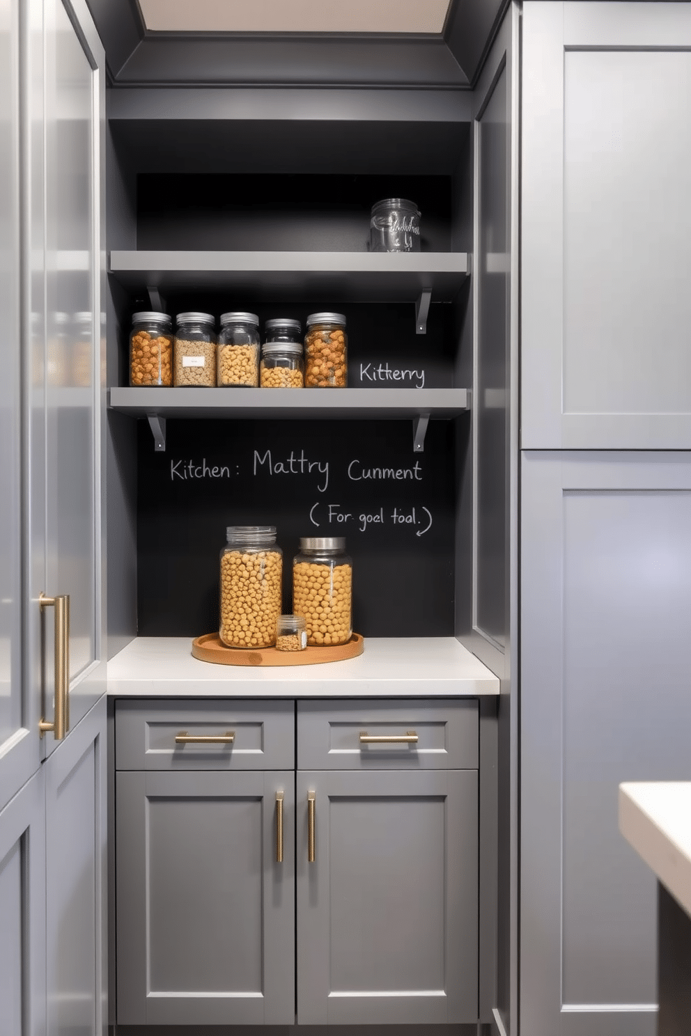 A stylish gray pantry featuring a chalkboard wall design that adds a functional and playful element to the space. Sleek gray cabinetry with modern hardware complements the chalkboard, while open shelving displays neatly organized jars and kitchen essentials.