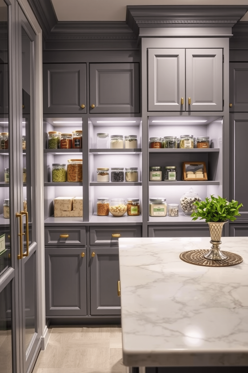 An elegant gray pantry features custom cabinetry with intricate crown molding, providing a sophisticated touch to the space. The shelves are stocked with neatly organized jars and containers, creating a visually appealing display. Soft LED lighting illuminates the pantry, highlighting the rich gray tones of the cabinetry and enhancing the overall ambiance. A stylish marble countertop serves as a functional workspace, complemented by decorative elements like a small herb garden and elegant kitchenware.