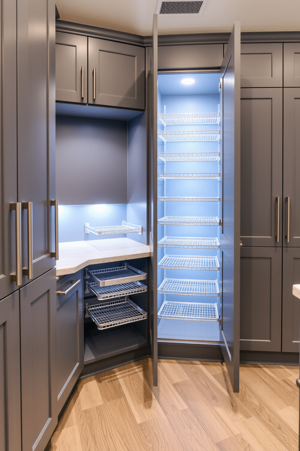 A functional gray pantry featuring pull-out shelves designed for optimal organization. The cabinetry is a sleek, modern gray, complemented by brushed nickel hardware for a contemporary touch. The shelves are adjustable, allowing for versatile storage options, while the interior is illuminated by soft LED lighting. A small countertop area is included for meal prep, enhancing the pantry's usability.