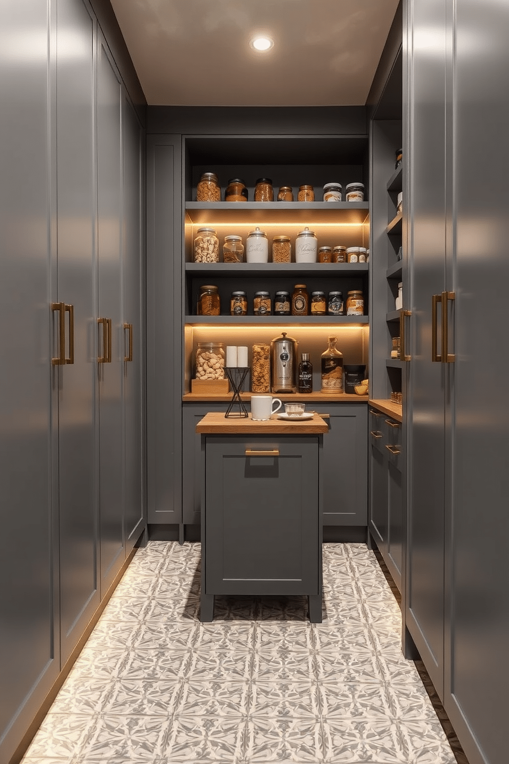 A modern gray pantry featuring sleek cabinetry with a matte finish and stylish brass handles. The patterned tile flooring adds a touch of elegance, complementing the minimalist design with a subtle geometric motif. The pantry is illuminated by warm LED lighting, highlighting the organized shelves stocked with various jars and containers. A small wooden island in the center provides additional workspace and doubles as a cozy spot for quick meals or coffee breaks.