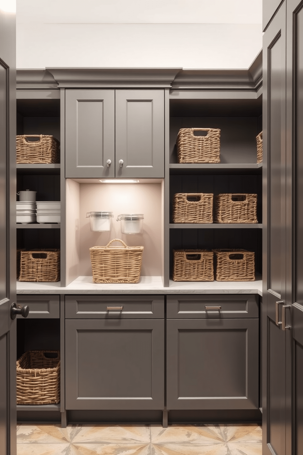 A chic gray pantry features sleek cabinetry with a smooth finish, complemented by woven baskets for organized storage. Soft lighting illuminates the space, highlighting the elegant gray tones and creating a warm, inviting atmosphere.